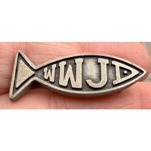 WWJD Christian Ichthys Fish Pin – Religious Metal Brooch – 1 3/8"